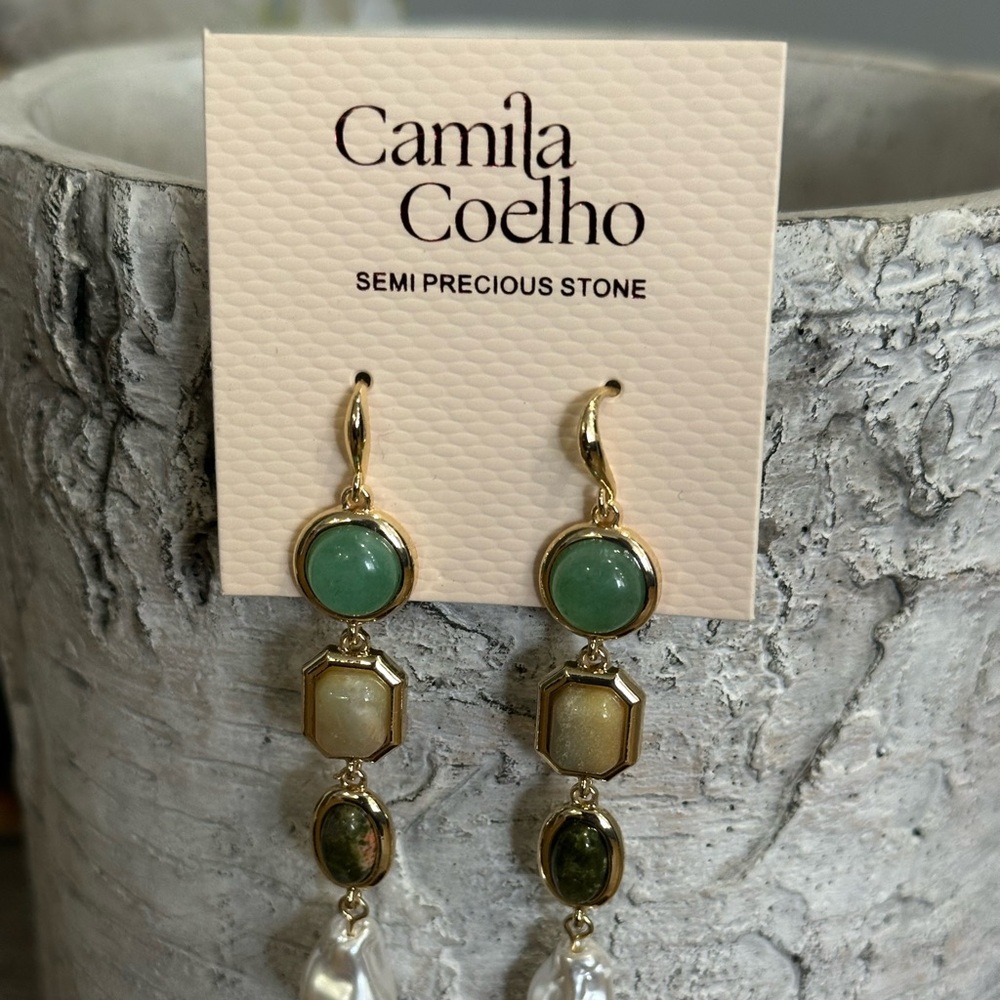 Camila Coelho Gold and Green Pearl Drop Earrings - Picture 3 of 7